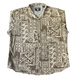 Seapointe Men Button Up Shirt XL Brown Geometric Hawaiian Shirt Short Sleeve